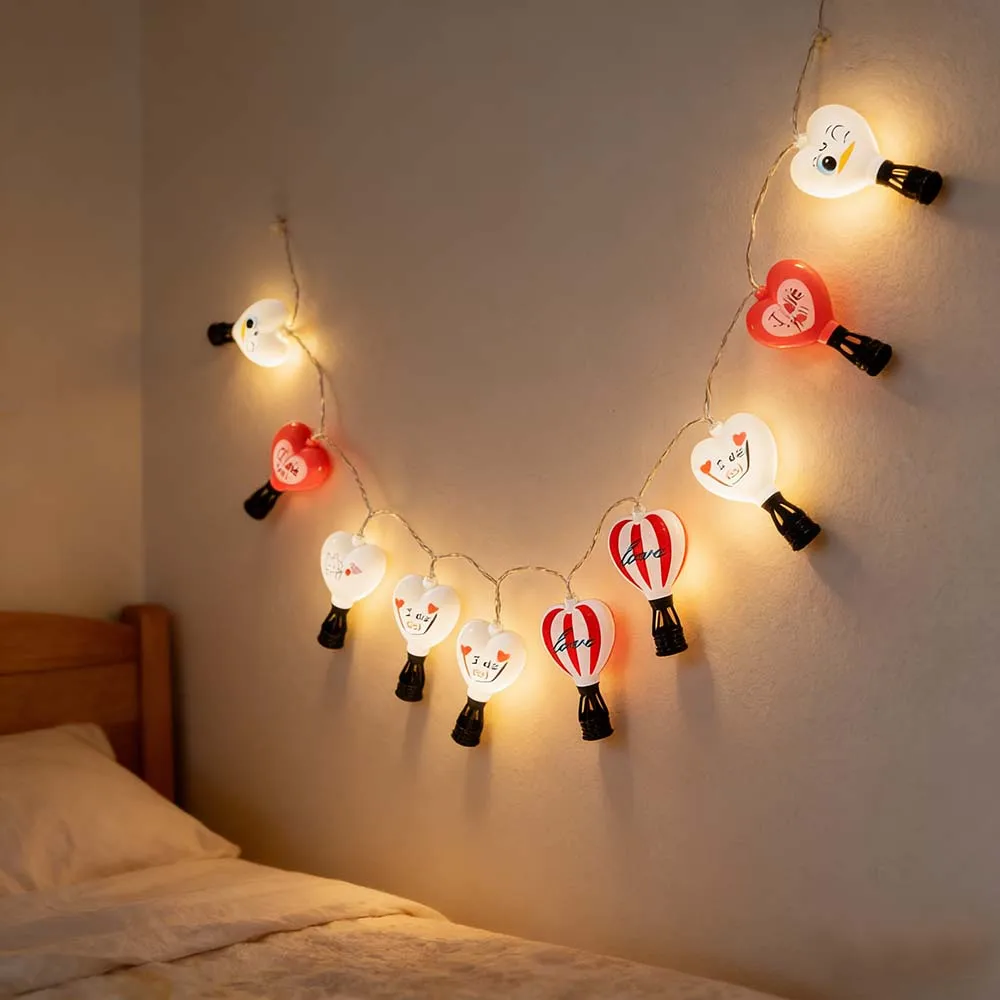 1PC 1.5M10LED Heart Hot Air Balloon String Lights, Love Pattern LED Fairy Lights for Bedroom Wall Wedding Home Indoor Decor