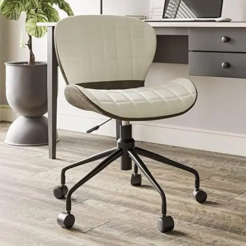 

Modern Upholstered Linen Desk Chair with Swivel Wheels and Adjustable Height, Contemporary Rolling Office Task or Vanity Seating