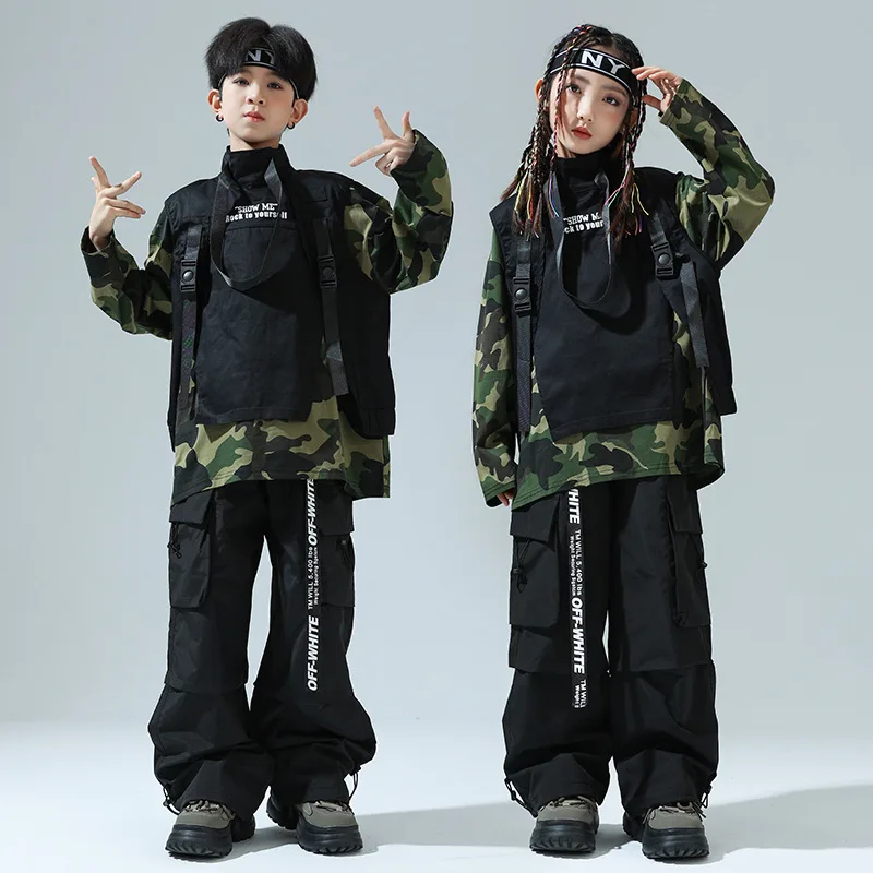 

Kids Hip Hop Camouflage Dress Girls Jazz Dance Dress Hip Hop Dance Boys Cool Vest Suit Hip Hop Group Dress Rave Outfit