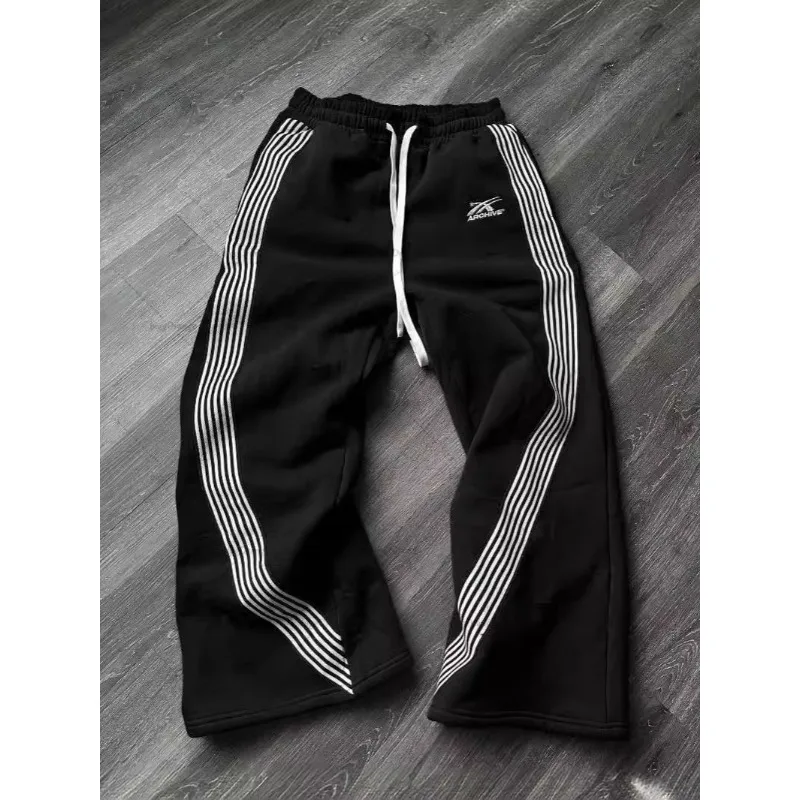 Harajuku موضة الشارع الشهير سروال مخطط الرجال الأمريكية الرجعية فضفاض مستقيم بناطيل كاجوال الهيب هوب نمط شارع العليا الموضة