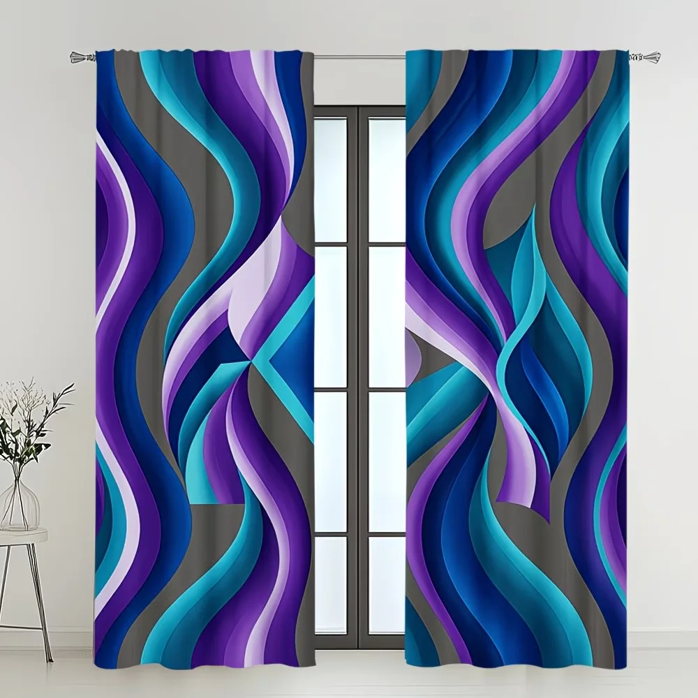 Purple Blue Teal Wave Curtains 2pcs Modern Abstract 3D Flowing Drapes for Living Room Bedroom Window Treatment Blackout Sheer