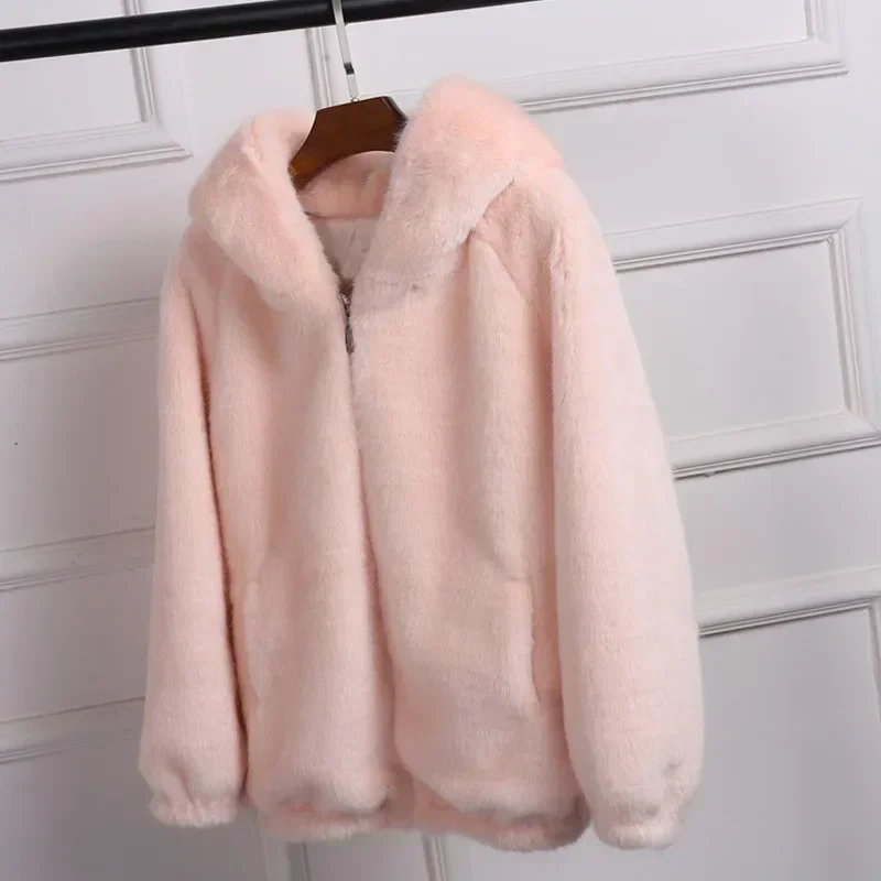 Lady Artificial Fur Hooded Soft  Women\'s Jacket White Grey Pink Rabbit Imitation Fur Outcoat Winter Grass Mink Faux Fur Coat