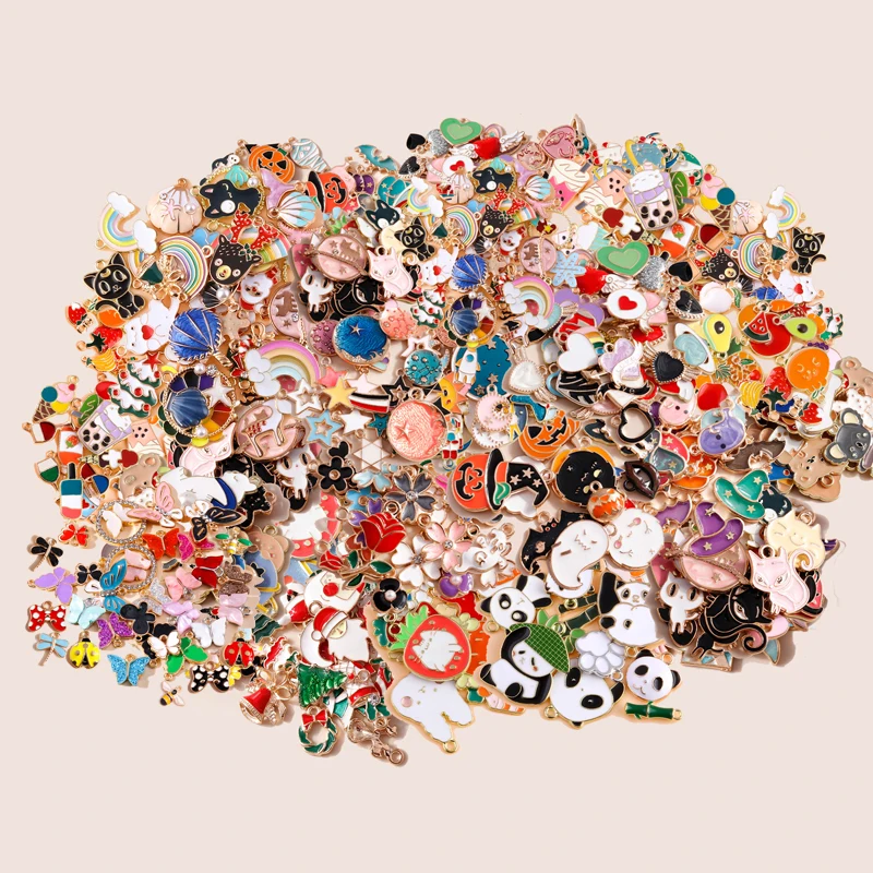 Hot Sale 120pcs Enamel Cartoon Flowers Fruits Rainbow Charms Hearts Animals Charms Pendants for DIY Jewelry Making Wholesale