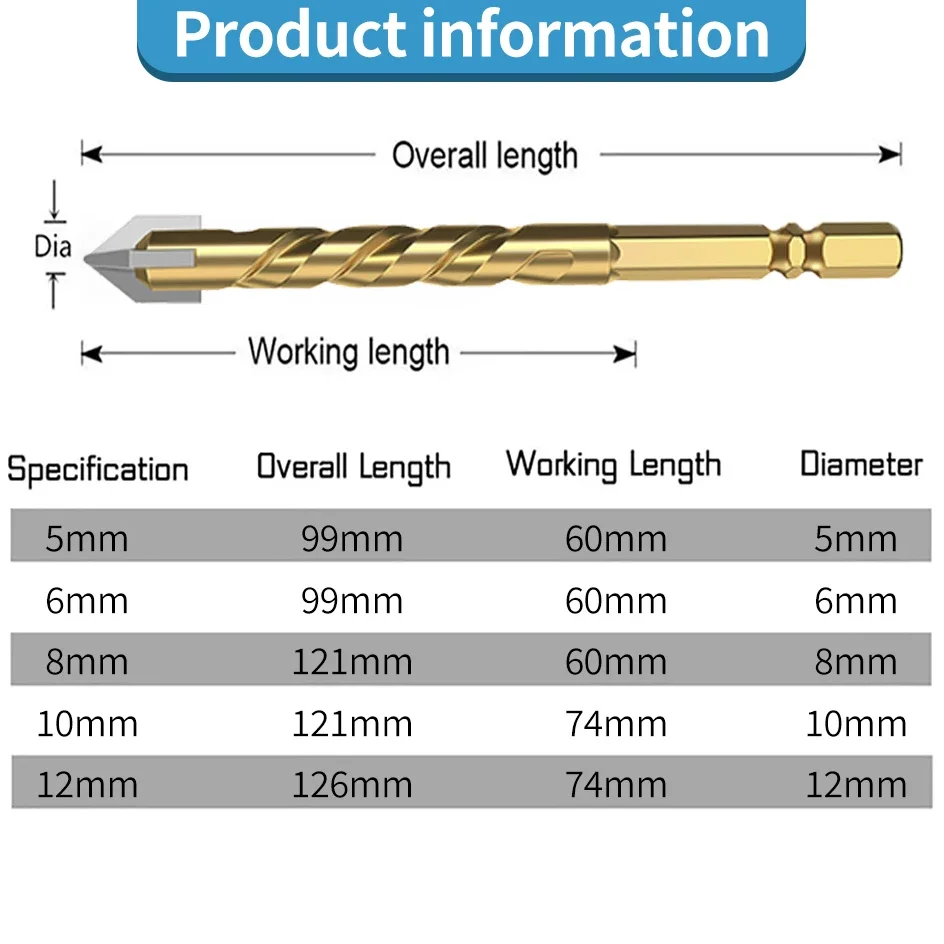 Glass Drilling Drill Bit Tile Cement Concrete Metal Marble Special High Hardness Four-Edged Alloy Drill Bit Dry Drilling 5-12mm