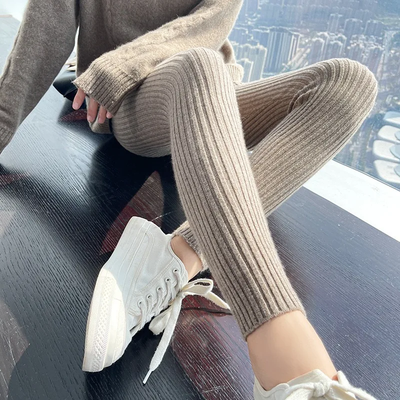 Women Solid Ribbed Knit Yoga Leggings Autumn Winter High Waist Warm Slim Fit Home Wear Outerwear Trousers