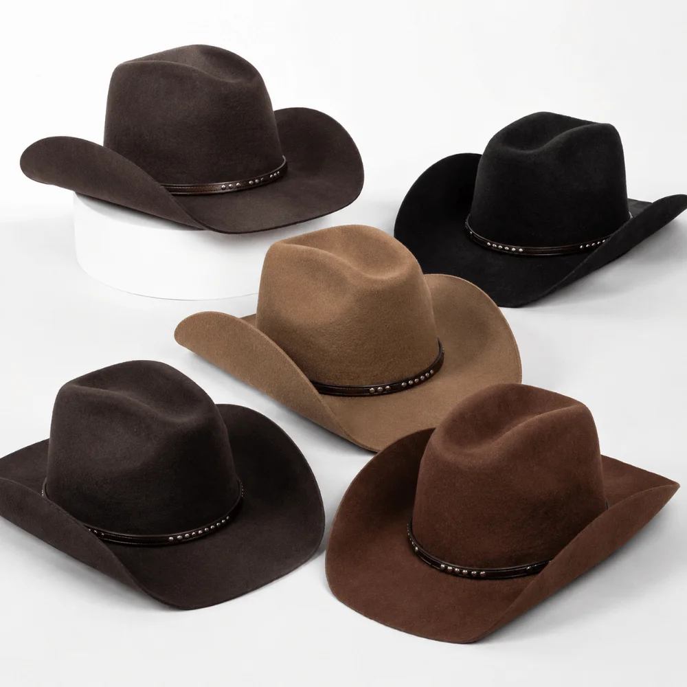 

100% Wool Wool Cowboy Hat Concave Shape Wide Brim Western Cowboy Hat Decorative Buckle Studded Leather Band Wide Brim Fedora Hat