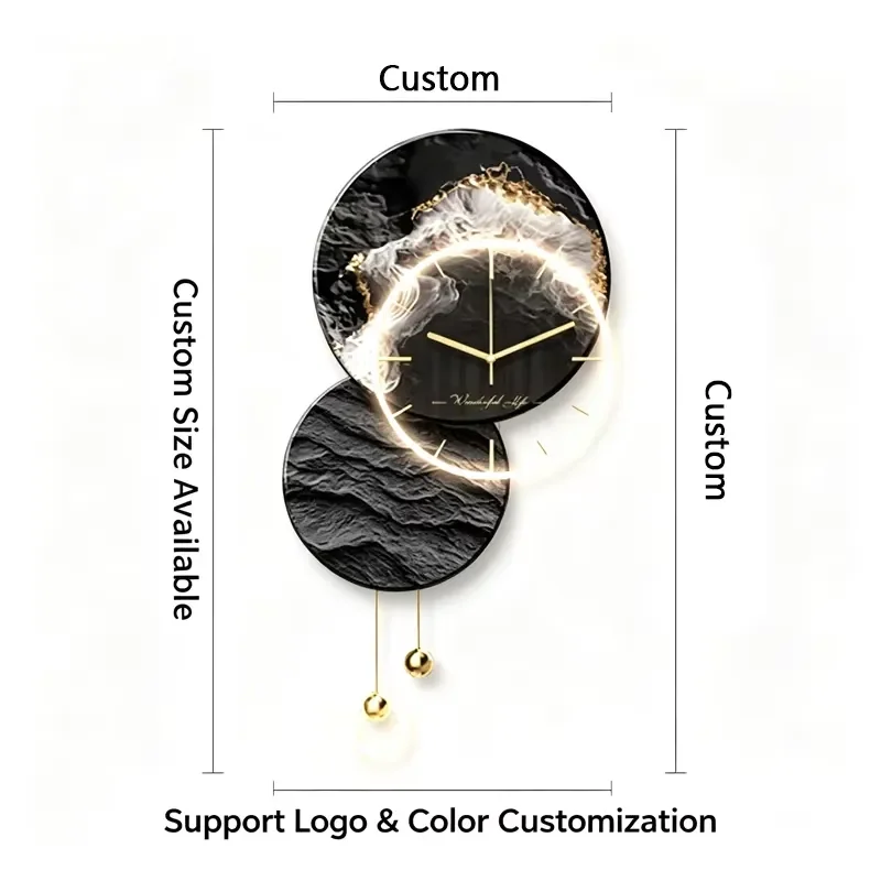 Luxury black marble effect wall clock with LED lights - modern silent quartz clock with pendulum for living rooms