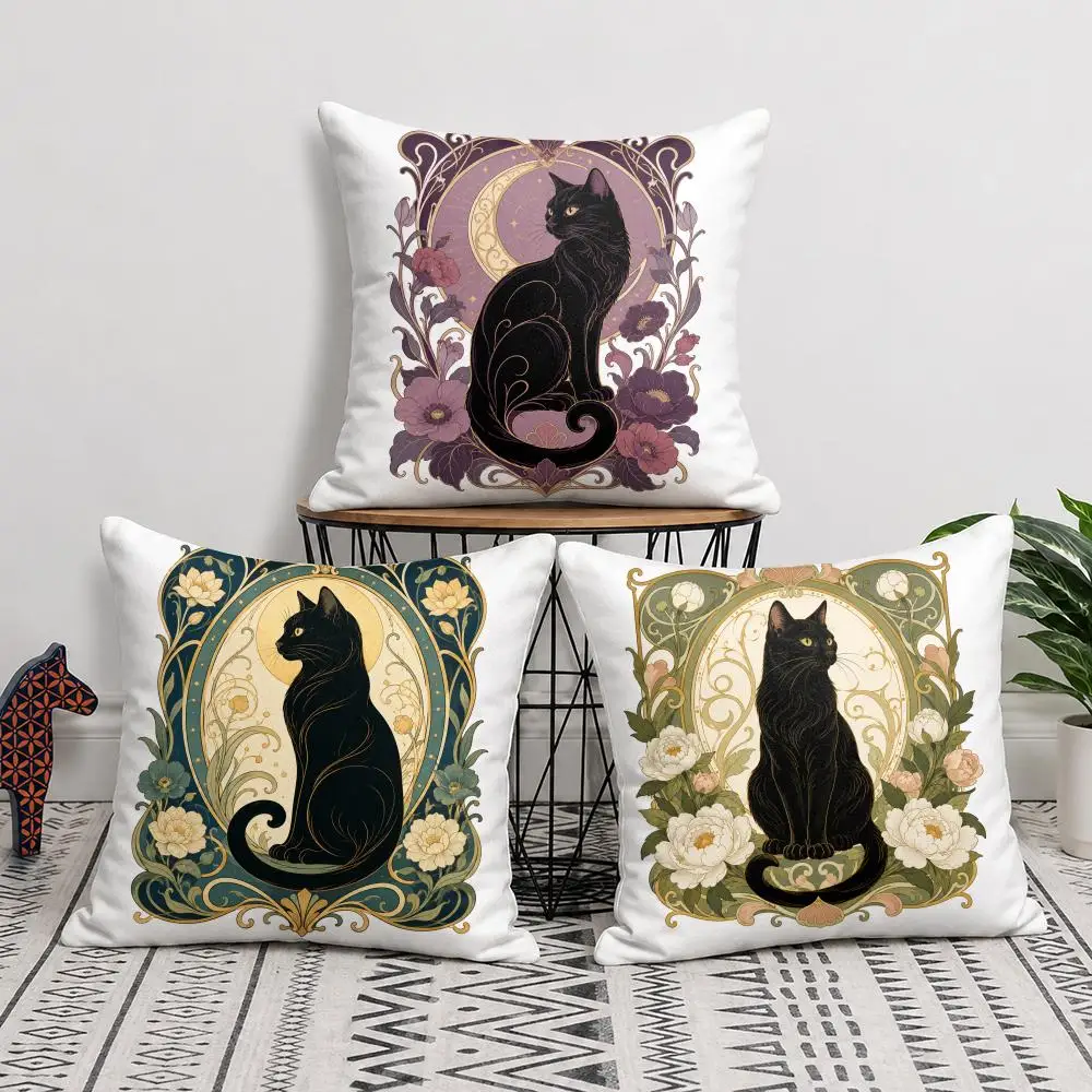Cushion Cover Retro Art Noble Black Cat Short Plush Soft Double-Sided Printing Pillow Case Cozy Sofa Bedroom Home Decor Gift