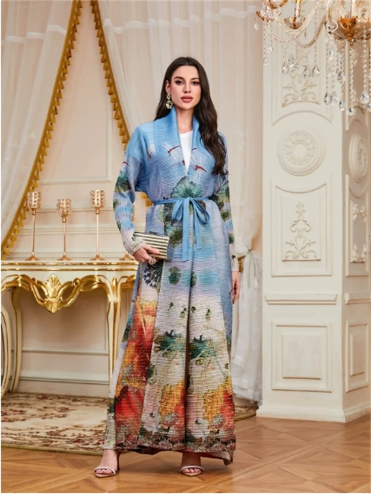 

Miyake Pleated Turndown Collar Long Sleeve Designer Printed Coats Women Autumn Winter Abaya Fashion Original Design Loose Dress