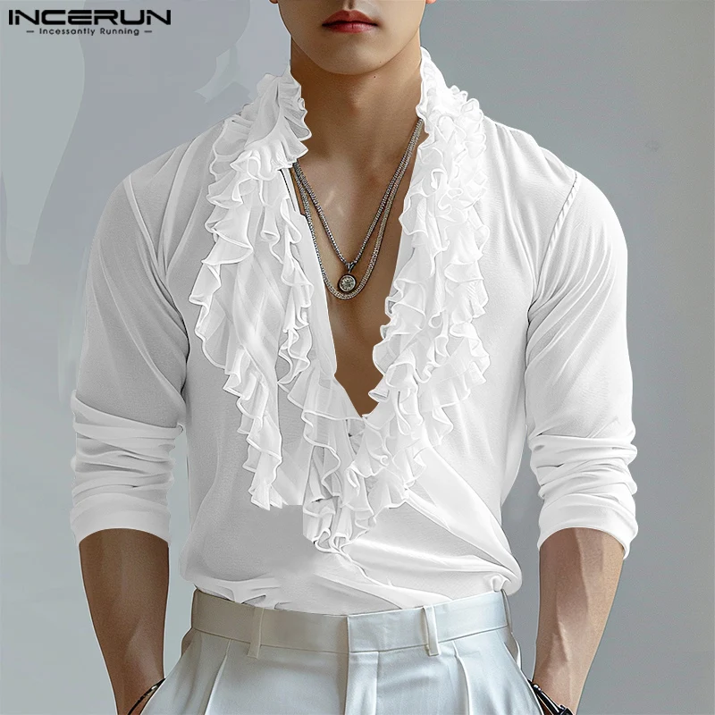 INCERUN New Men\'s Personality Tops 2024 Solid Color Ruffled Edge Shirt Handsome Male Hot Sale All-match Long Sleeved Blouse 2024