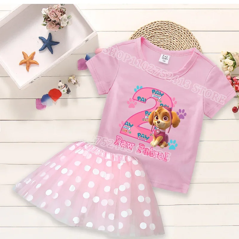 2pcs Paw Patrol Skye T-shirt Dress Cartoon Fashion Kids Sets Polka Dot Print Round Neck Pink Number Birthday Clothing Girls Gift view 4
