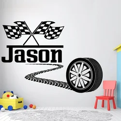 Custom Name Racing Car Tire Checkered Flags Wall Decal Wheel Personalized Racing Car Flag Vinyl Wall Sticker Boy Room Decor A579