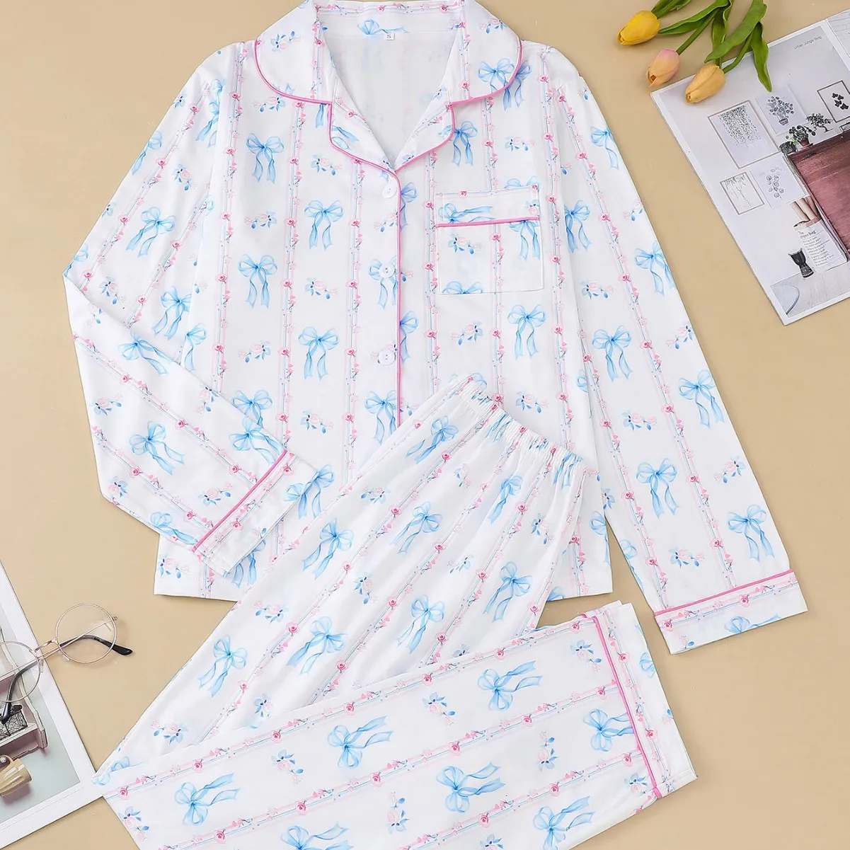 

Autumn New Silk Satin Women's Pajamas Blue Bow Print Lapel Long-sleeved Trousers 2 PCS Comfortable Loungewear Set