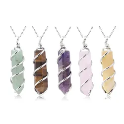 New Hexagonal Pendent Neckalce Natural Stone Quartz Lapis Opal Amethyst Pink Crystal Stone Hexagonal Column Pendant Only