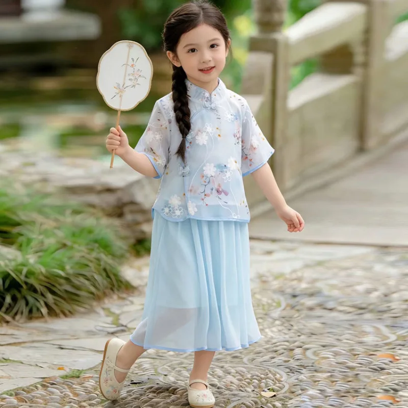 Kids Cheongsam Girls Dress Summer 2026 New Set Chinese Style Girl Big Kid Ancient Hanfu Two Piece Set
