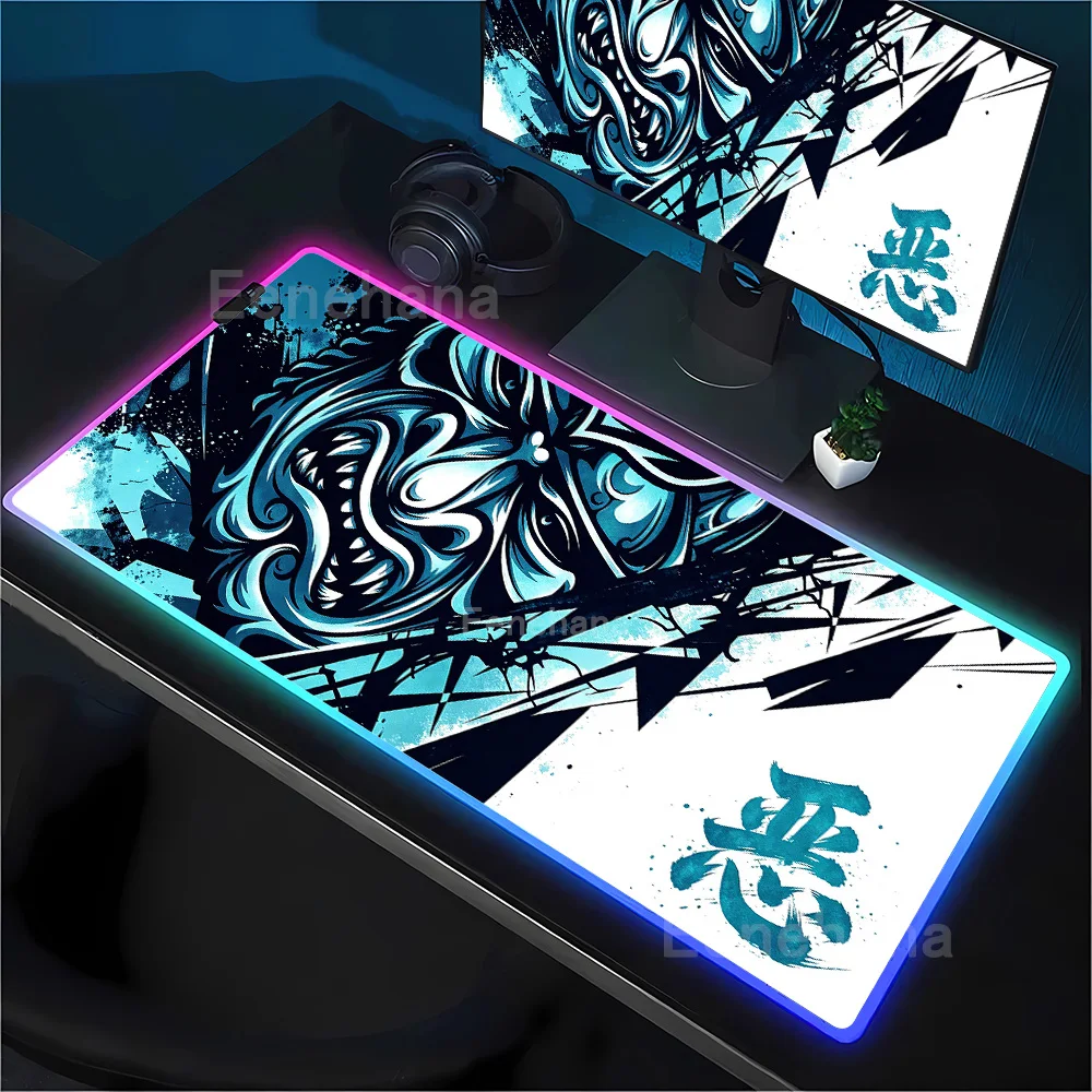 RGB Mouse Pad Larger Ghost Face Nonslip Base Japanese Samurai Devil Mask PC Gaming Overlock HD Printing XXL Backlight Desk Mat