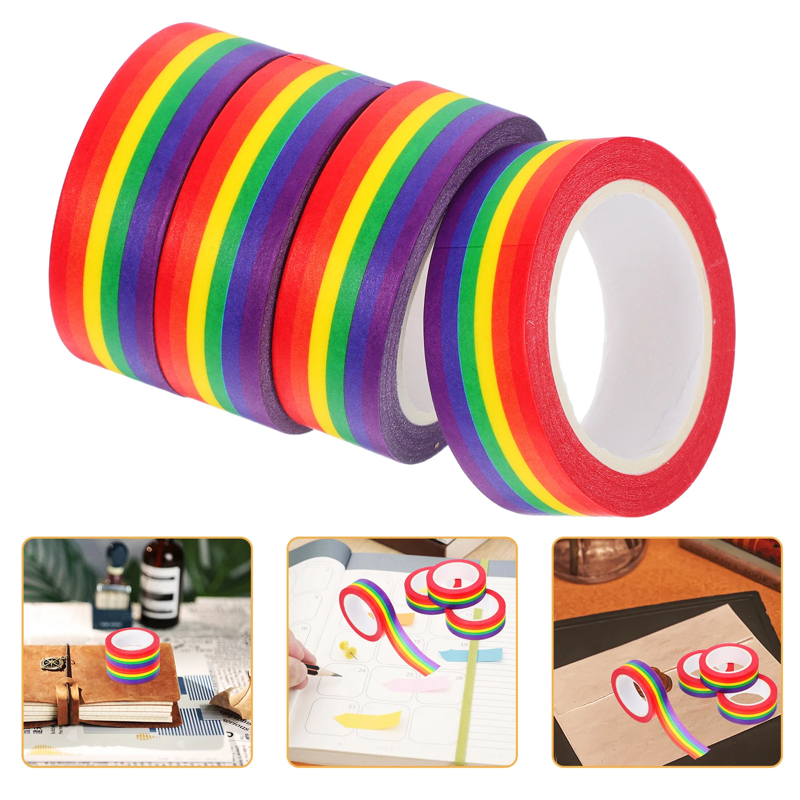 

4pcs 15Mmx10M Washi Tape Rainbow Stripe Pattern Reusable For Planner Journal Scrapbook Diy Craft Decorative Stationery