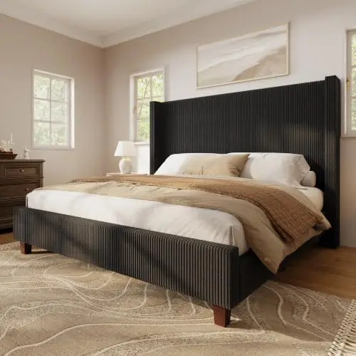 King Size Bed Frame with 50.8 Inch Corduroy Wingback Headboard, Black | Modern Upholstered Platform Bed, Solid Wood