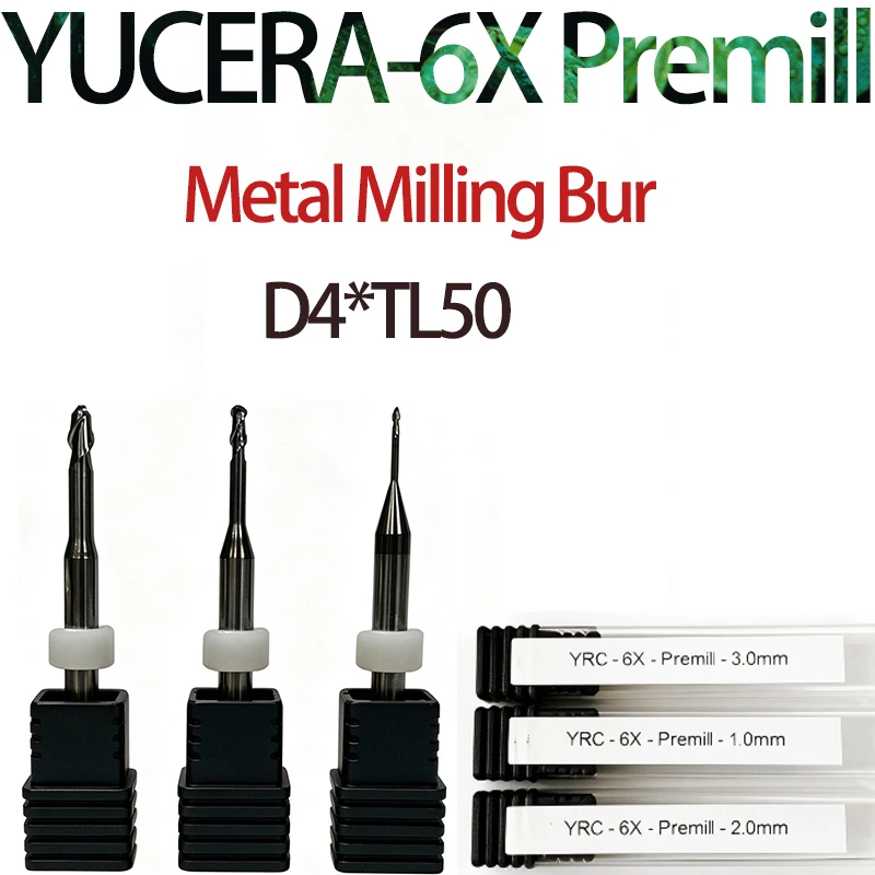 Фрезы YUCERA YRC-6X Premill CADCAM для обработки металла D4*TL50, зуботехнические фрезы 1.0/2.0/3.0 мм для титана, Co-Cr.