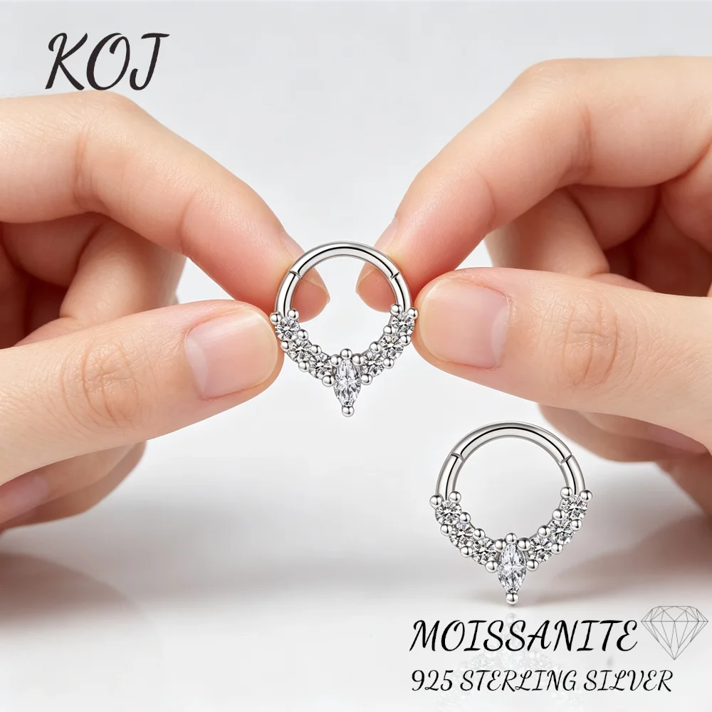 KOJ 1PC 925 Sterling Silver Moissanite Septum Hoop Piercing Ear Nose Ring For Women Elegant Daily Fine Jewelry Accessories