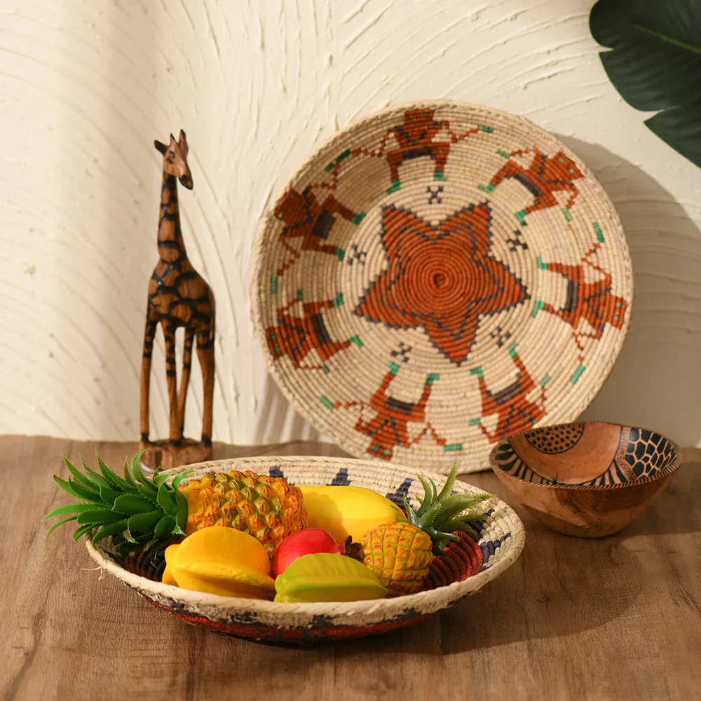 Creative raffia hand-woven plates, plant-dyed bamboo plates, porch decoration, change keys, storage plates