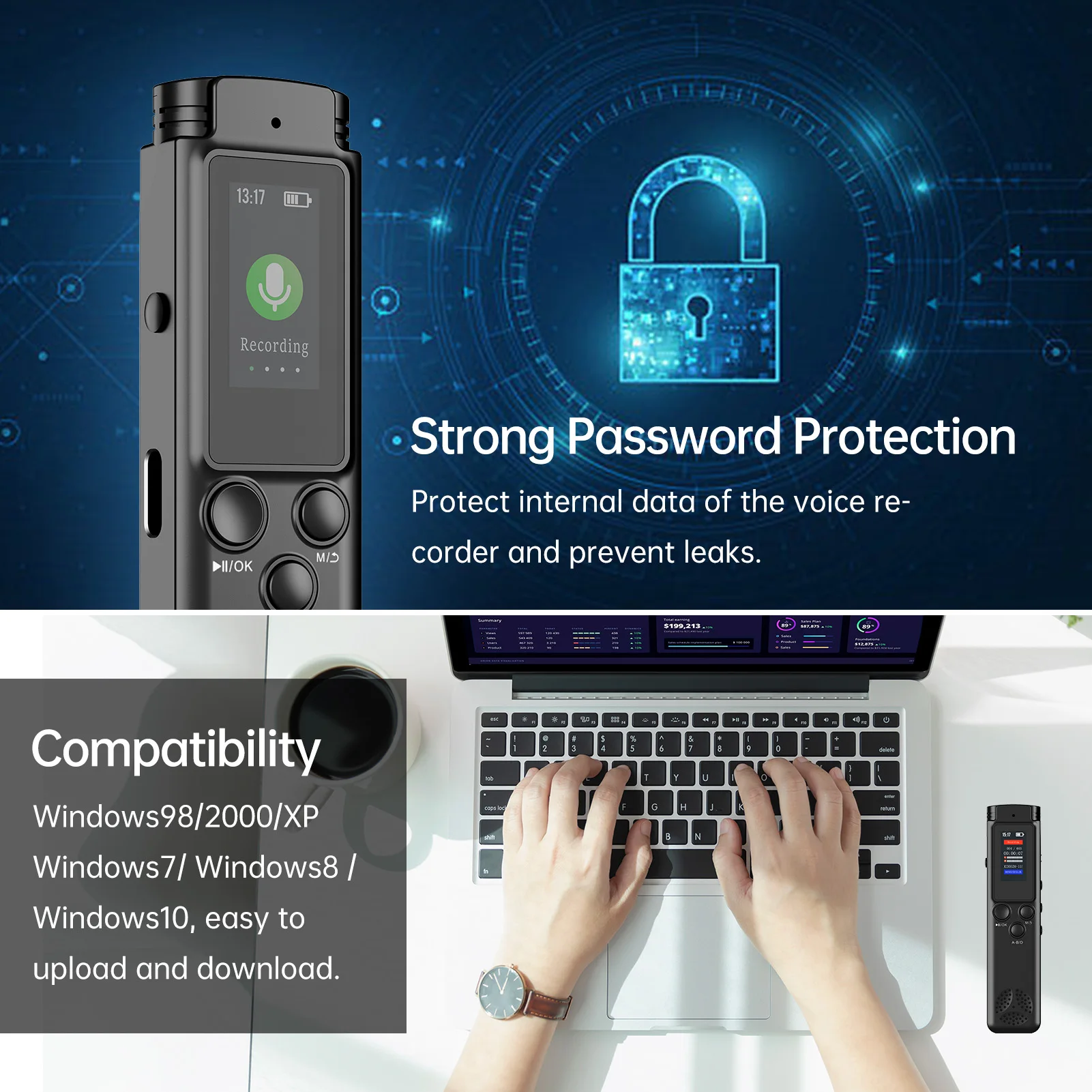 مسجل صوت رقمي 64 جيجابايت/16 جيجابايت/8 جيجابايت، تسجيل صوتي منشط، تقليل الضوضاء مع تشغيل مشغل موسيقى MP3 للاجتماعات #4