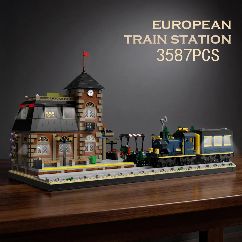 

Creative Building Block City Architecture Construction Brick Retro Europe Train Station Educational Toy Collection With Light