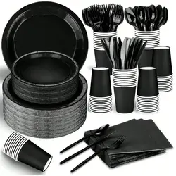 Black Party Supplies Set Include Paper Plastic Spoons Forks Knives 9/7 Inch Disposable Dinner Dessert Plates