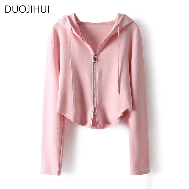 DUOJIHUI Light Grey Basic Hooded Chicly Drawstring Women Hoodies Spring Fashion Zipper Simple Solid Color Casual Female Hoodies