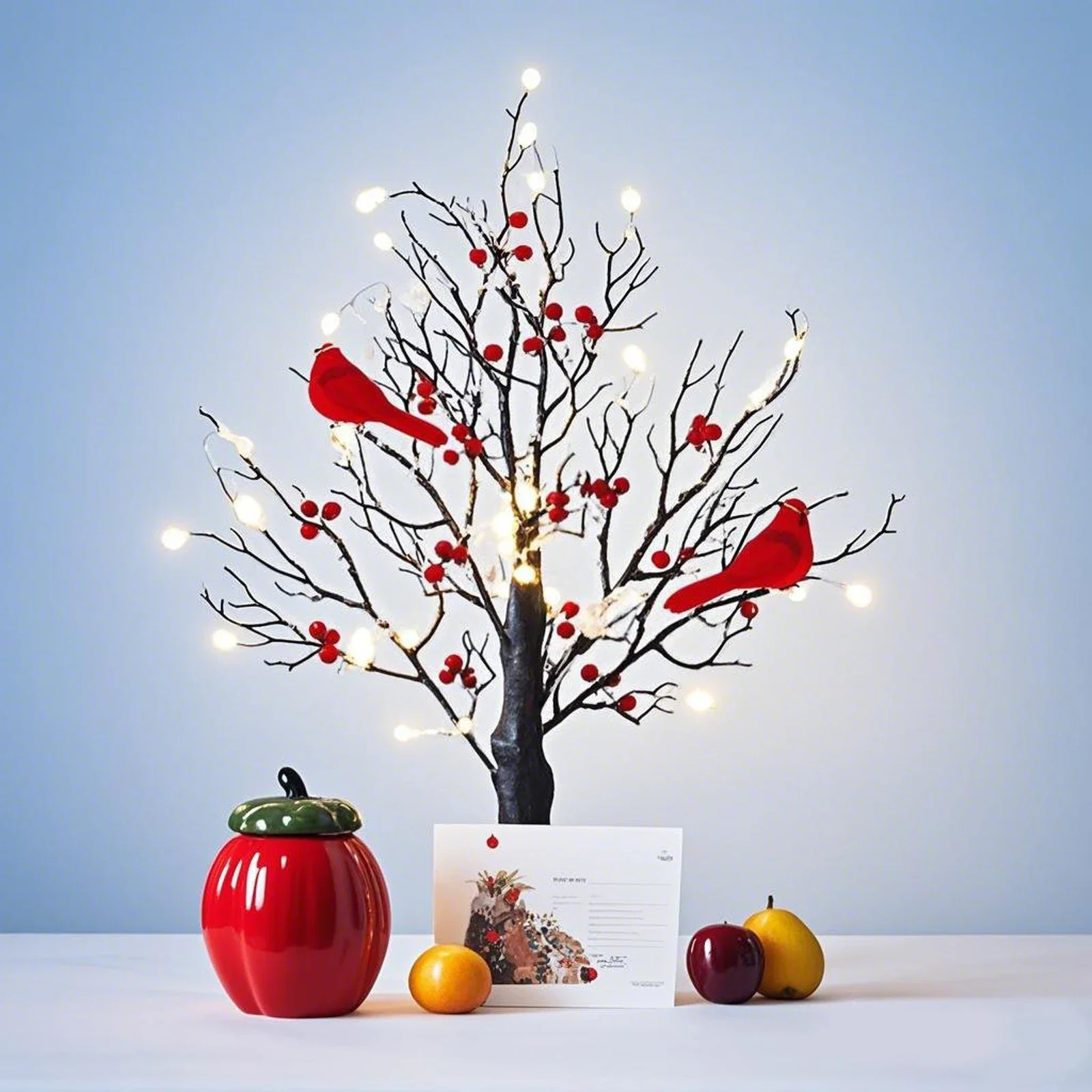 53CM 60 LED Artificial Birch Lighting With Red Berry And Bird Parrot Battery Operated Tabletop Mini Tree Lamp Holiday Decor Gift