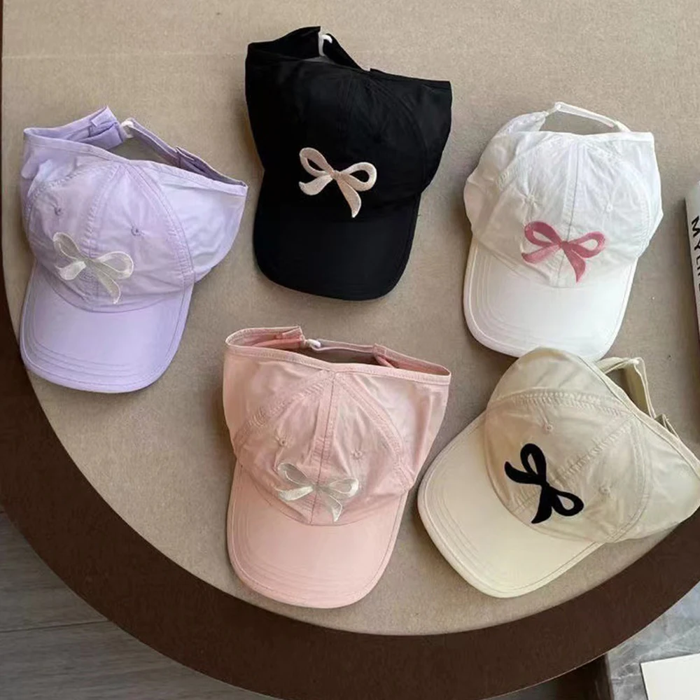 2024 NEW Girls Bow Embroidery Ponytail Baseball Cap Summer Sunscreen Caps Sweet Pink Sun Hat Children Sun Visor Hats Anti-UV Cap