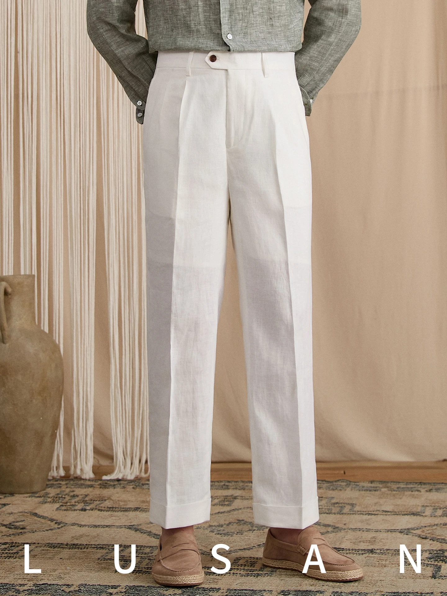 Mr. Deer Three Summer British Retro 100% Linen Breathable Thin High Waist Straight Leg Versatile Casual Long Pants for Men
