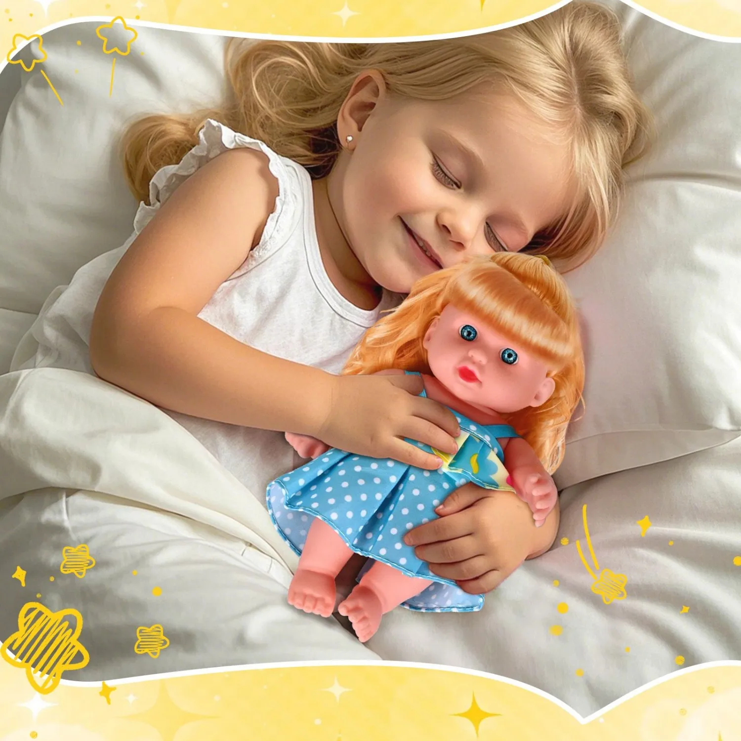 Golden Haired Princess Doll | Polka Dot Skirt & Flower Top | Soft Rubber Skin-Friendly Baby Doll for Family Play & Role-Play (Ch