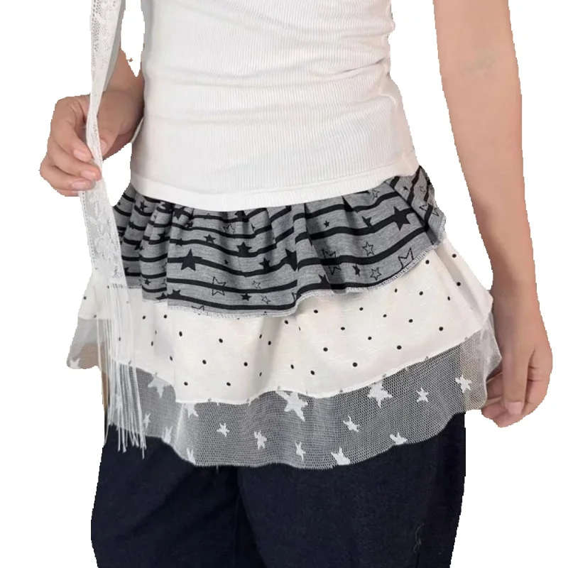Lace Layering All-match Short Mujer Faldas One-piece Korea Chic Ins Premium Skirt Slim Lace Up Panelled Print New Skirts