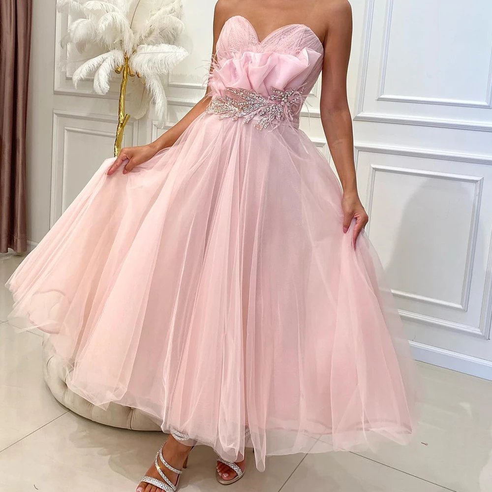 

CustomizedElegant Luxury Evening Dress 2024 Tulle Sleeveless Sweetheart Ankle Length Straight Pleats Solid Color Feathers Crysta
