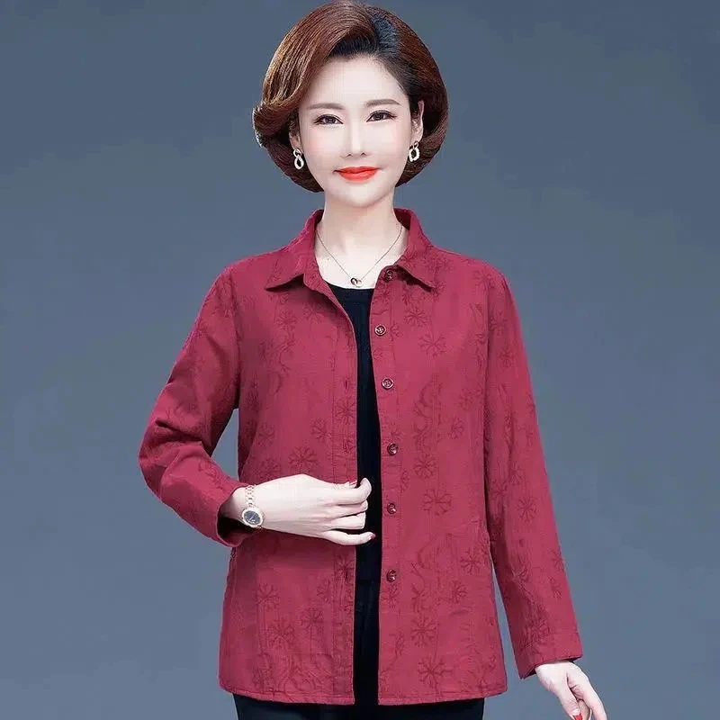 Middle-Aged Elderly Women's Cotton Shirt 2025 Spring Autumn New Coat Mom Grandma Long Sleeve Blouse Large Size 5XL Tops Female