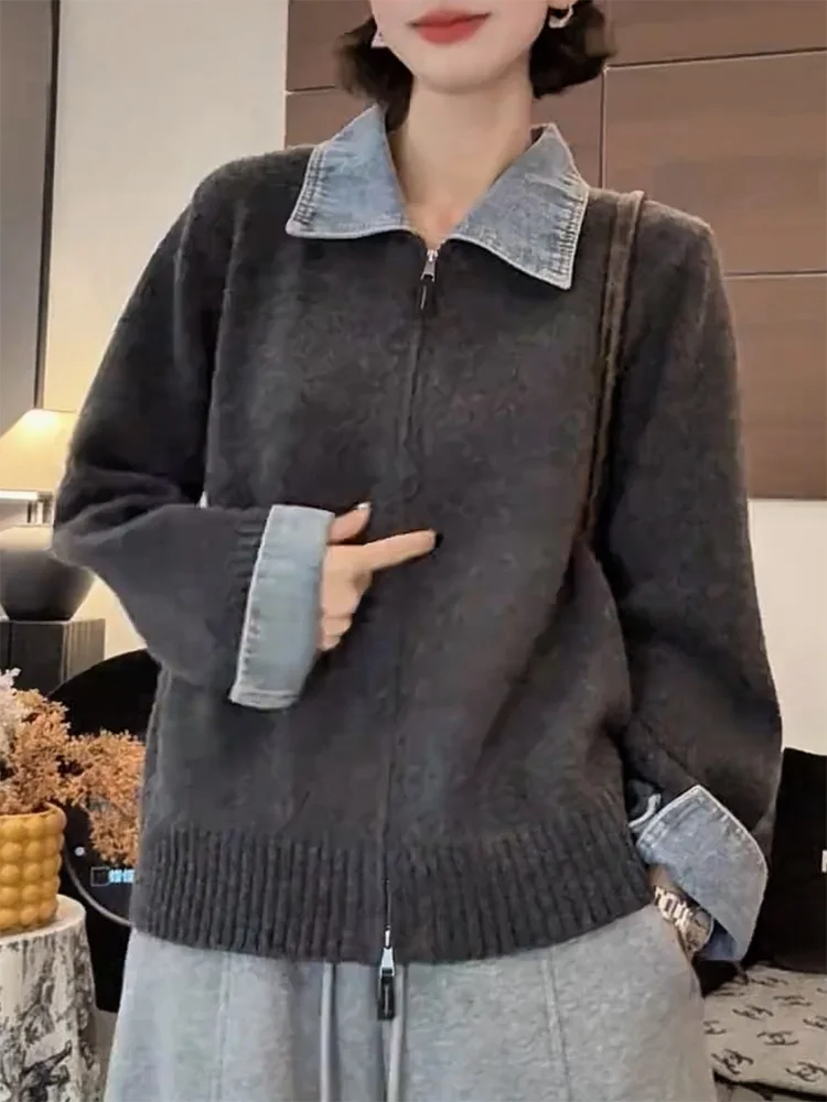 

Korean Sle Vintage Denim Collar Knitted Open Cardigan Autumn Winter New Arrival plus Size Versatile Agel Women's Top