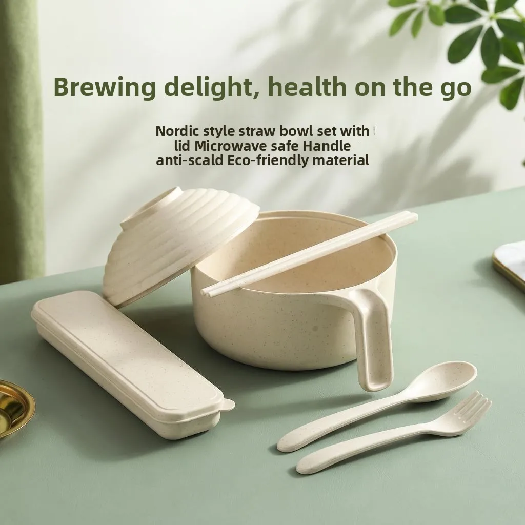 

Student Home Use Bowl Set with Lid Handle for Rice Noodles Dining Hall Dormitory Nordic Style Matte Finish Pure Color Bowl