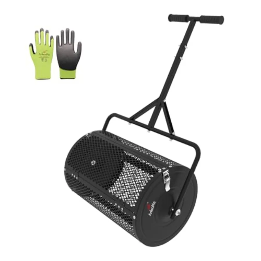 

24 Inch Compost Spreader, Lawn and Garden Peat Moss Roller with Side Latches, 24-31.1" Height Adjustable Handle, Metal Mesh Bask