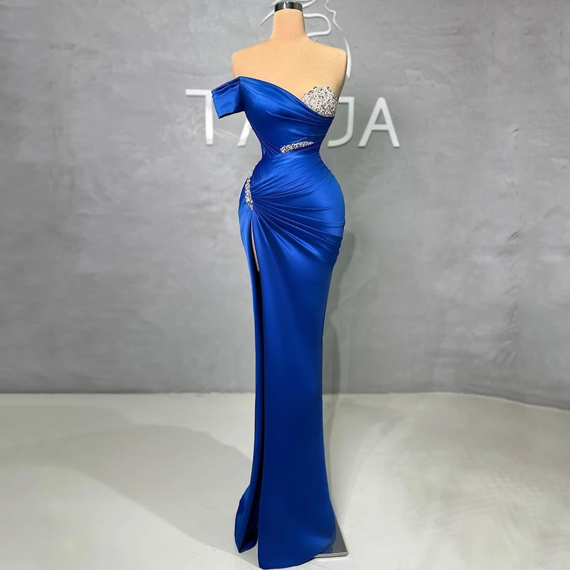 Thinyfull Formal Prom Dresses Mermaid Beadings Side Slit Evening Dress Blue One Shoulder Night Cocktail Party Gowns Custom Size