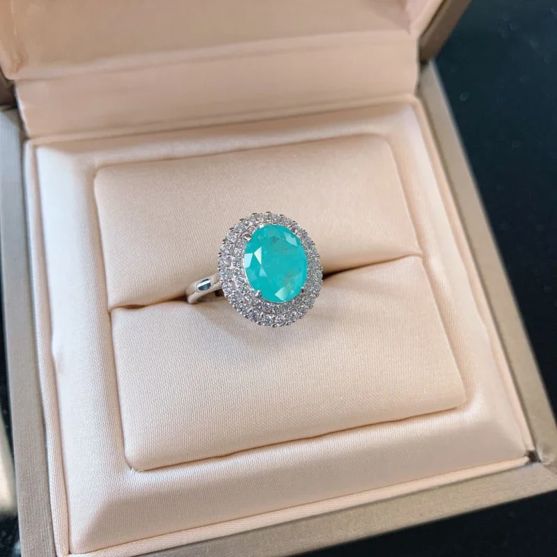 Jewelry S925 Silver Set Classic Paraiba Diamond Shape Ring Earrings Pendant Three-Piece Set