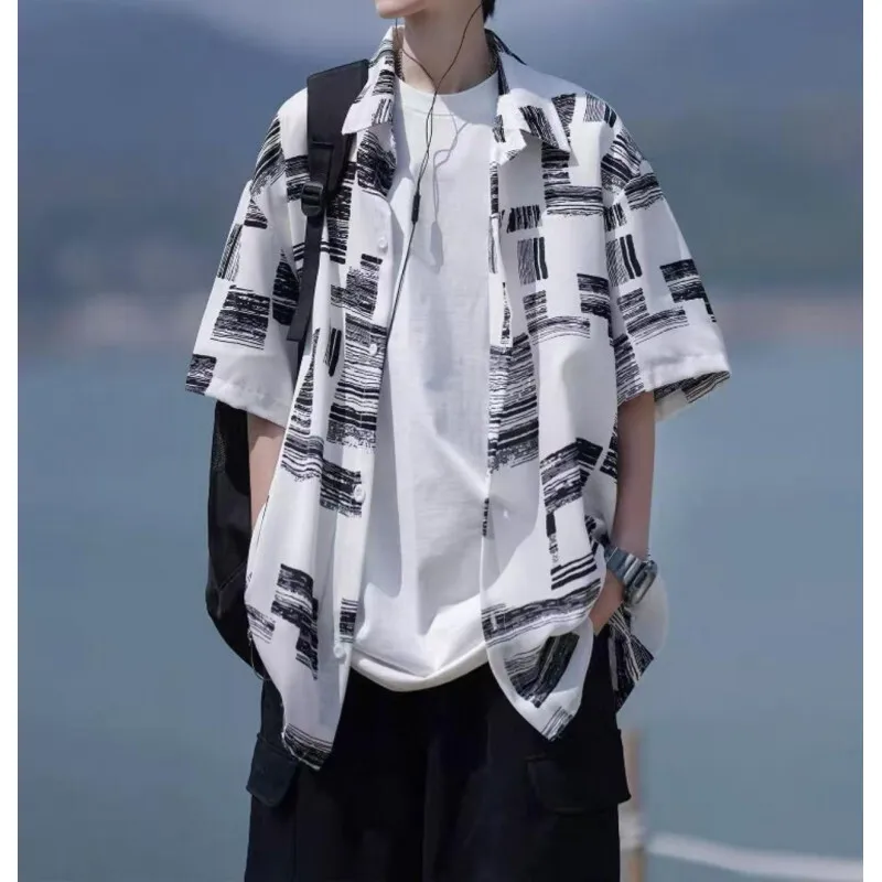 

Summer Short Sleeved Shirt Men Printed Casual Shirt Men Streetwear Loose Ice Silk Shirt Mens Hawaiian Shirt Men Large Size X5L