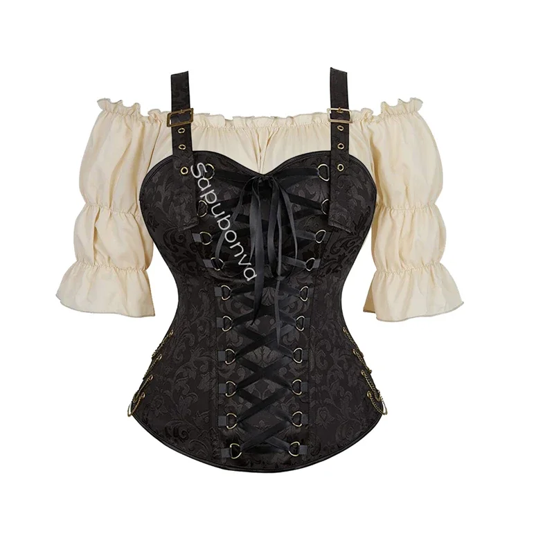 

Corset Shirt Set Blouse 2pcs Plus Size Women Bustiers Top Sexy Vintage Flower Print Lingerie Corselet Lace Korsett Blue Brown