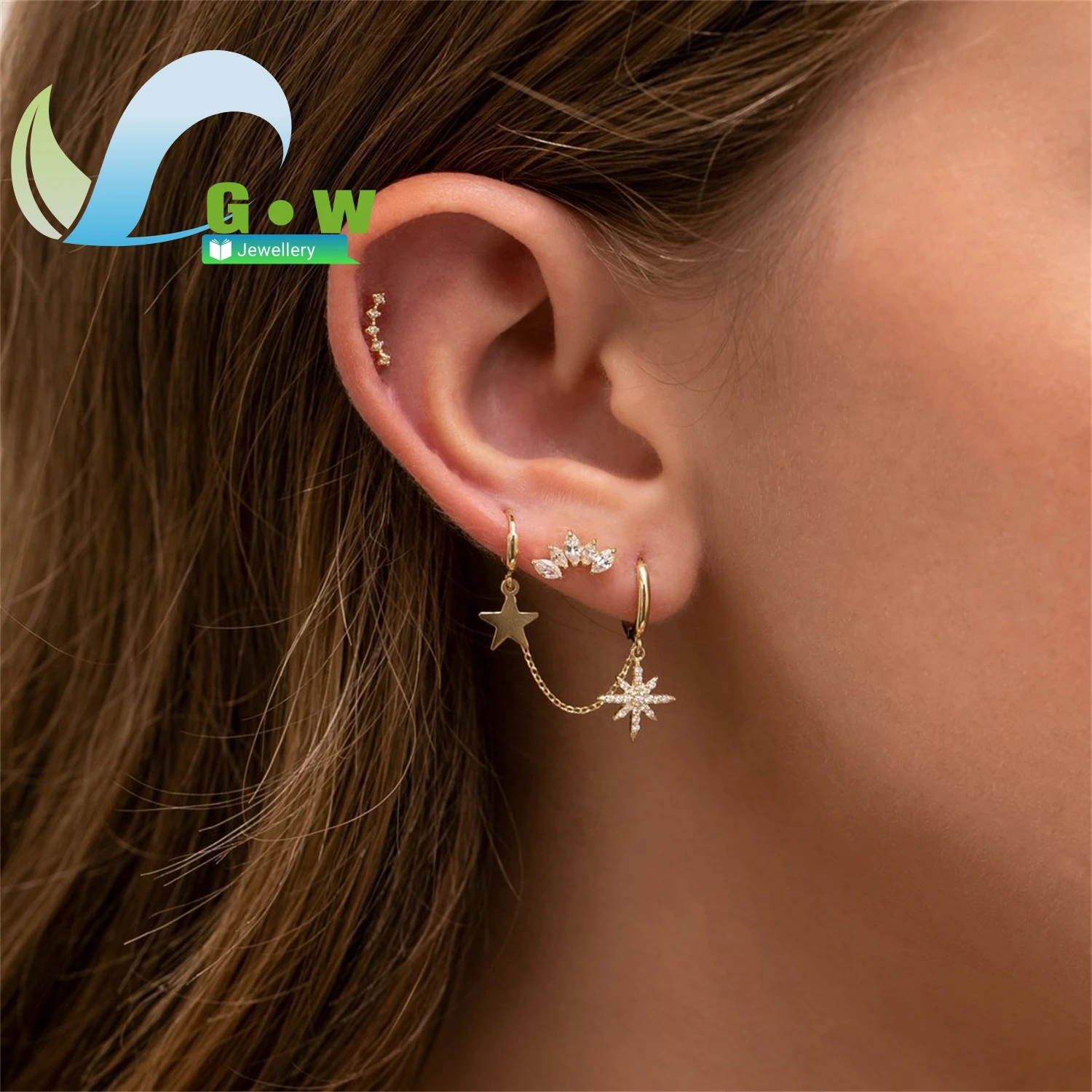 

Медный пирсинг-клипса для уха в виде короны из 18-каратного золота с уникальным креативным дизайном, инкрустированный цирконом, модный трендовый аксессуар, оптовая продажа