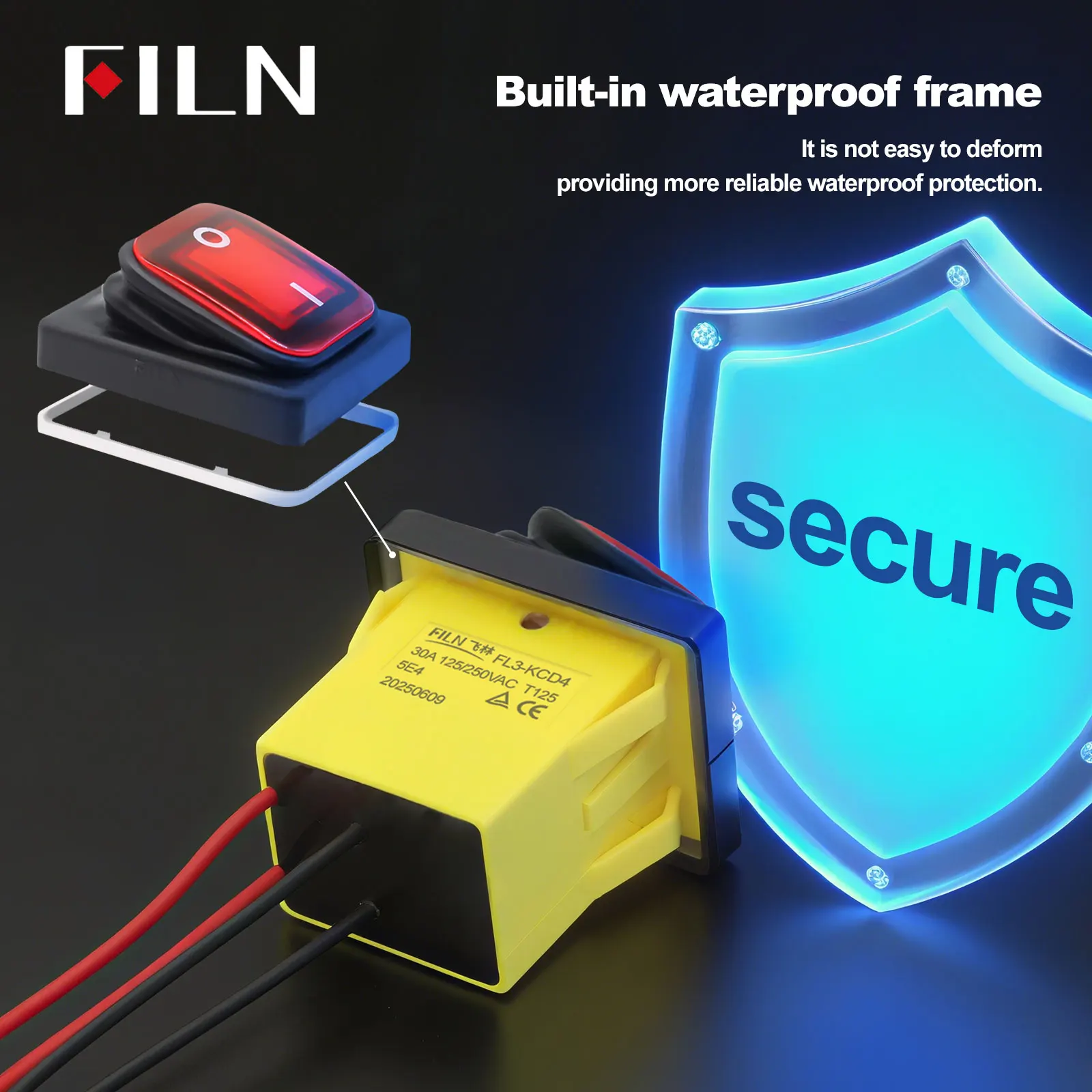 FILN 30A Heavy Duty Waterproof LED Rocker Switch 12V 24V 220V with Wires On/Off 4 Pin DPST IP67 Sealed for Auto Boat Marine