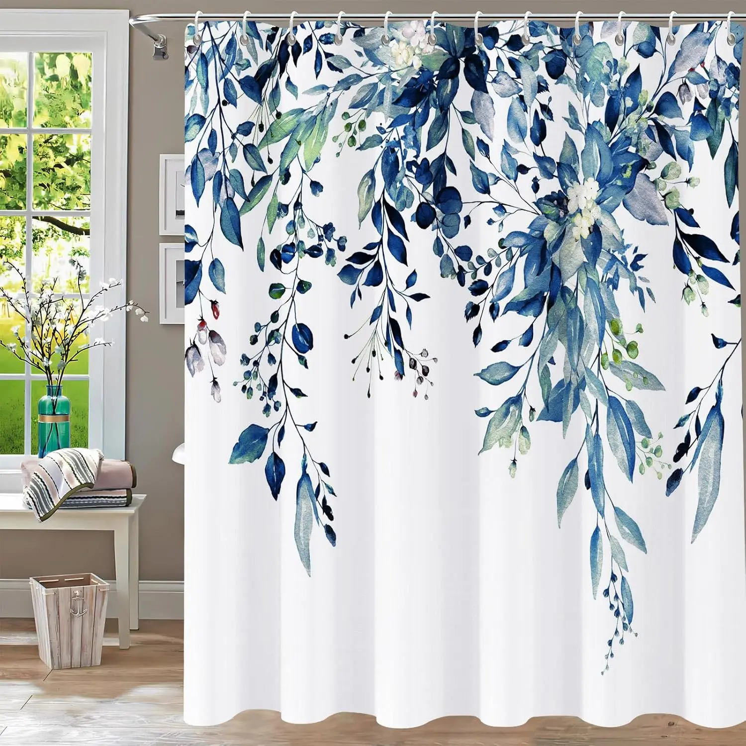 

Watercolor Leaf Shower Curtain 72x72, Blue Eucalyptus Print with Hooks