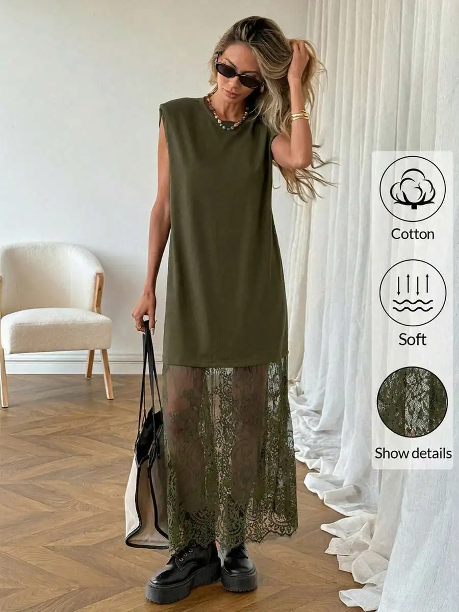 

Olive Green Sleeveless Lace Patchwork Long Dress For Women Casual Summer Outfit