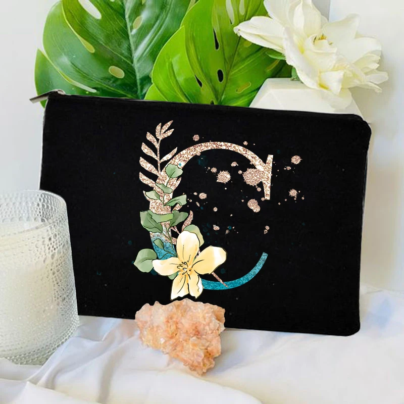 gradient Color Initial A-Z Makeup Bag with Zipper Aesthetic Black Toilet Pouch Travel Cute Cosmetic Bag for Bride Storage Clutch