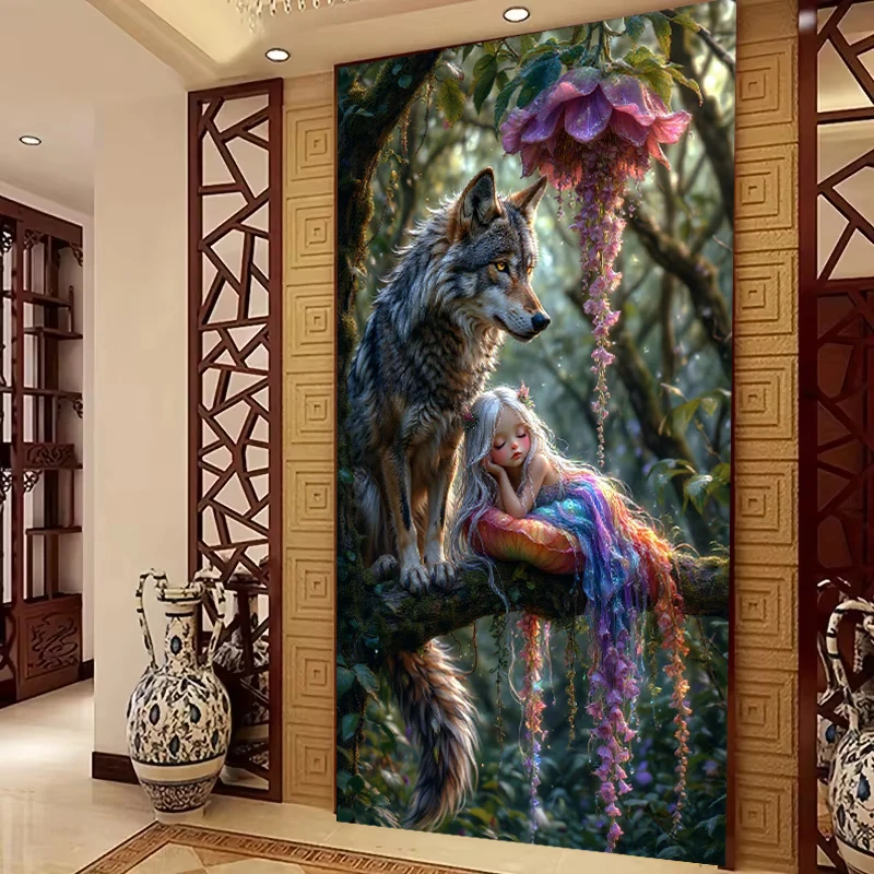 5D-Diamantgemälde zum Selbermachen, Kunst, kleines Mädchen, Wolf, Wald, Landschaft, Diamant-Stickerei, voll quadratisch, rund, Strass, Kreuzstich