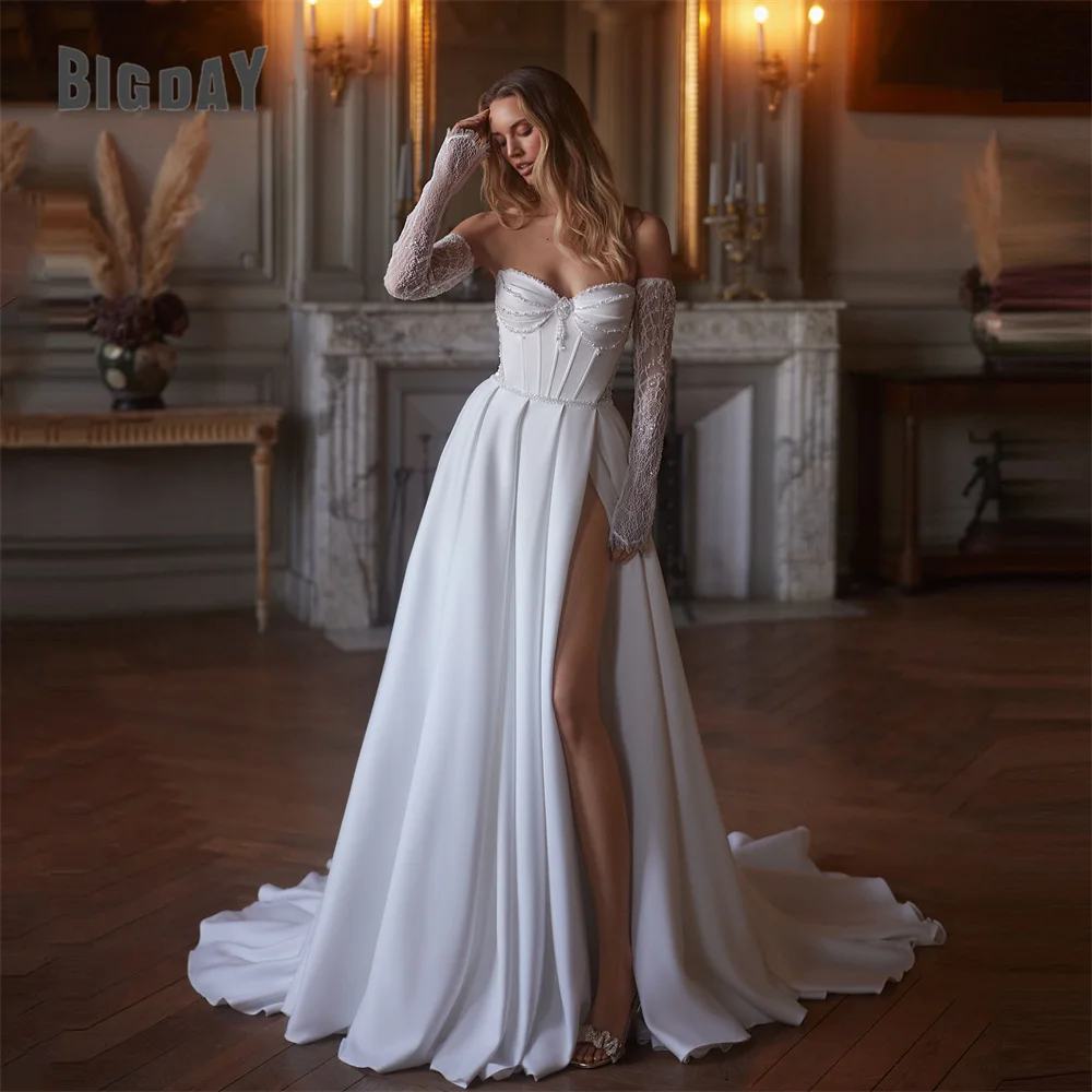

BIGDAY Satin Beading A-Line Wedding Dress 2025 Strapless Pleat High Split Open Back Lace Bridal Gown Vestido De Noiva Customized